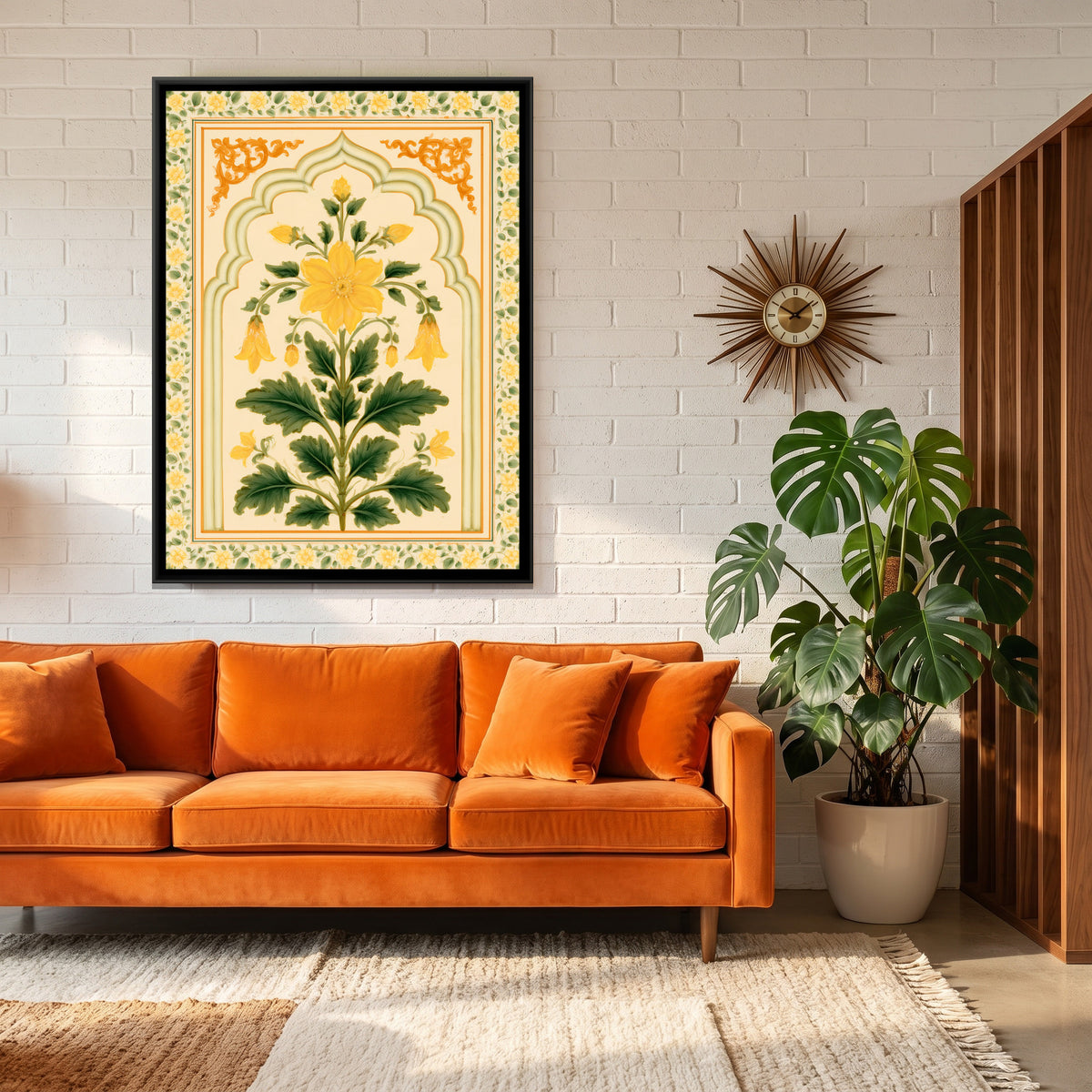 Mughal Yellow Flower — canvas art shown in a second room setting