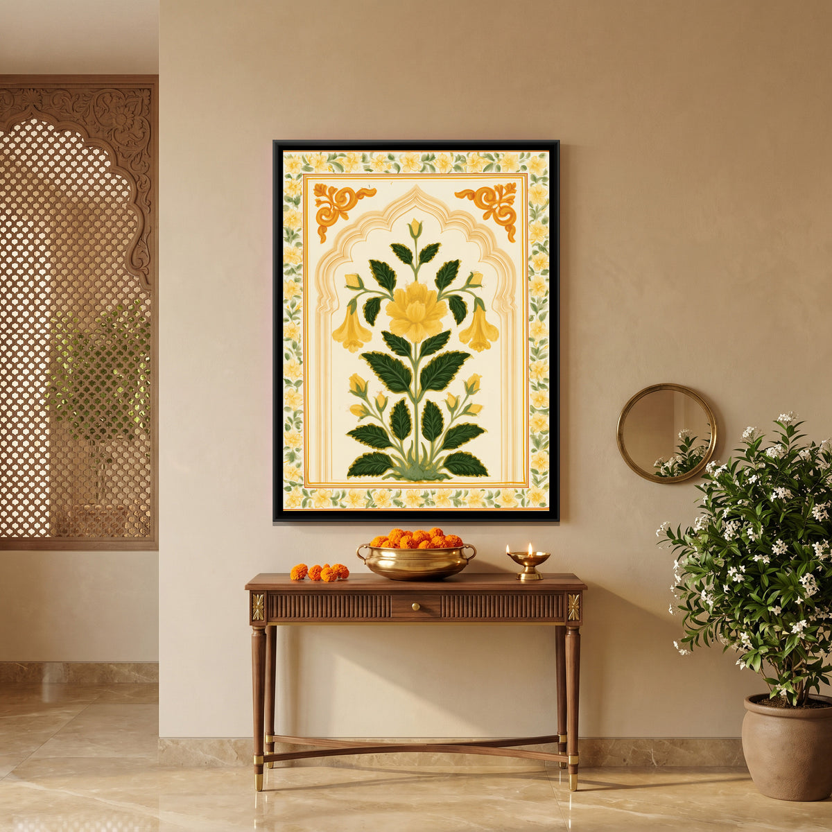 Mughal Yellow Flower — canvas art shown in a styled room