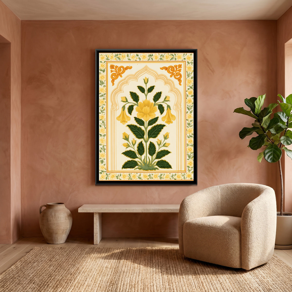 Mughal Yellow Flower — canvas art shown in a second room setting