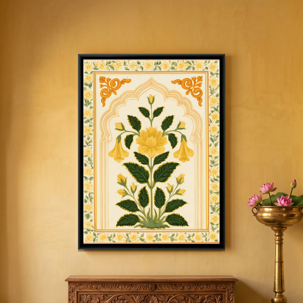 Mughal Yellow Flower — framed canvas art hung on a wall