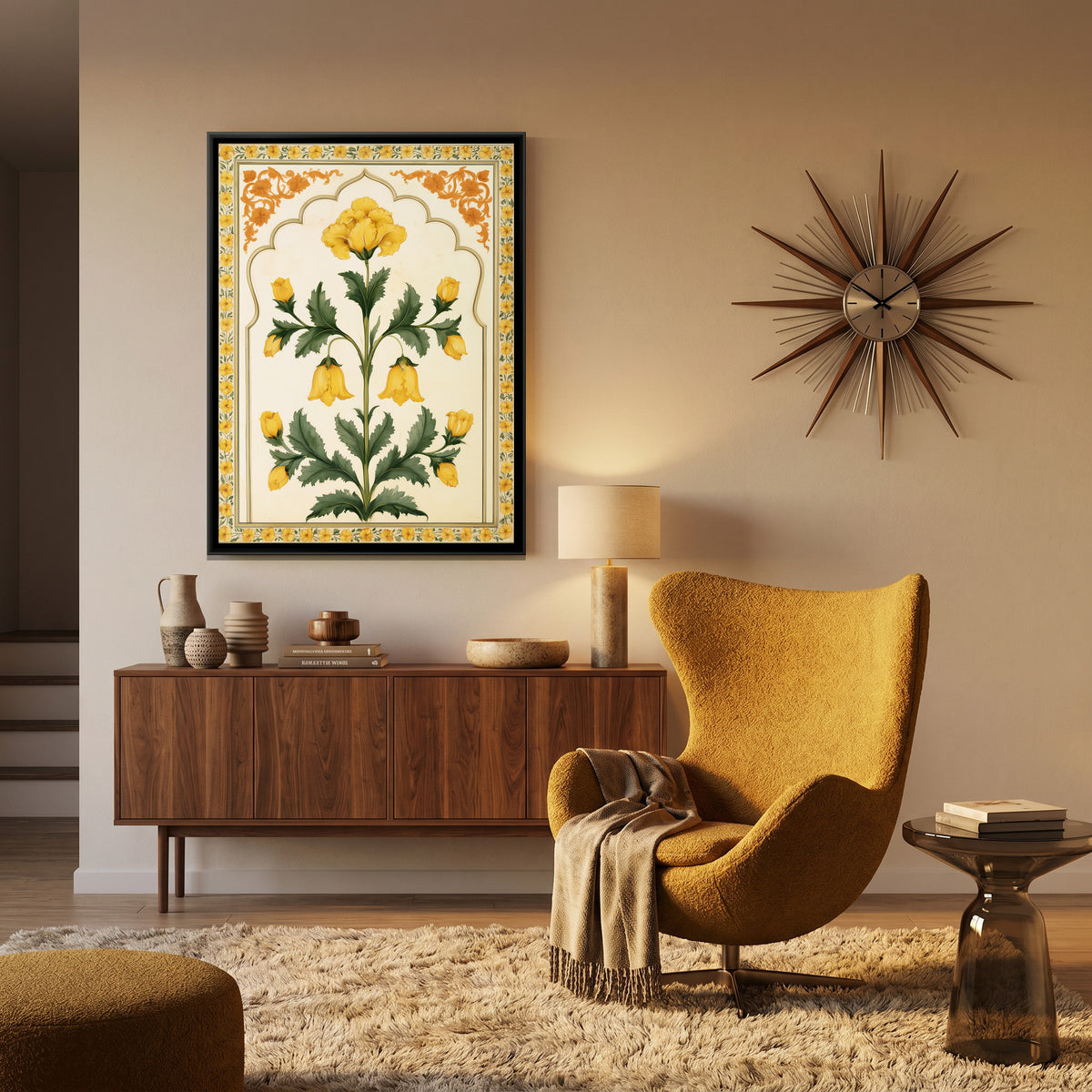 Mughal Yellow Flower — canvas art shown in a second room setting
