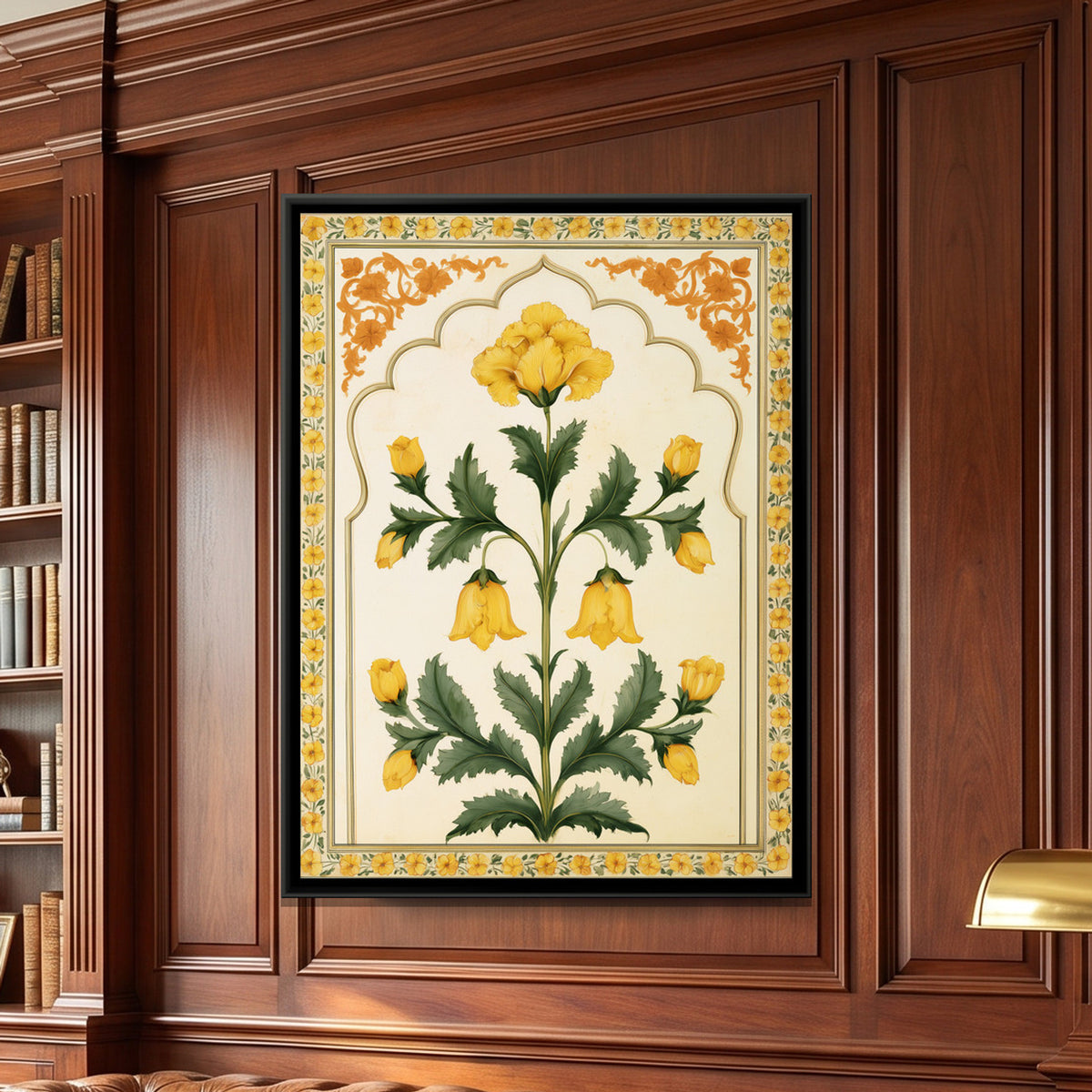 Mughal Yellow Flower — framed canvas art hung on a wall