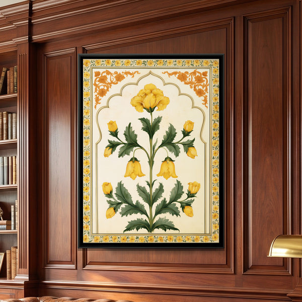 Mughal Yellow Flower — framed canvas art hung on a wall