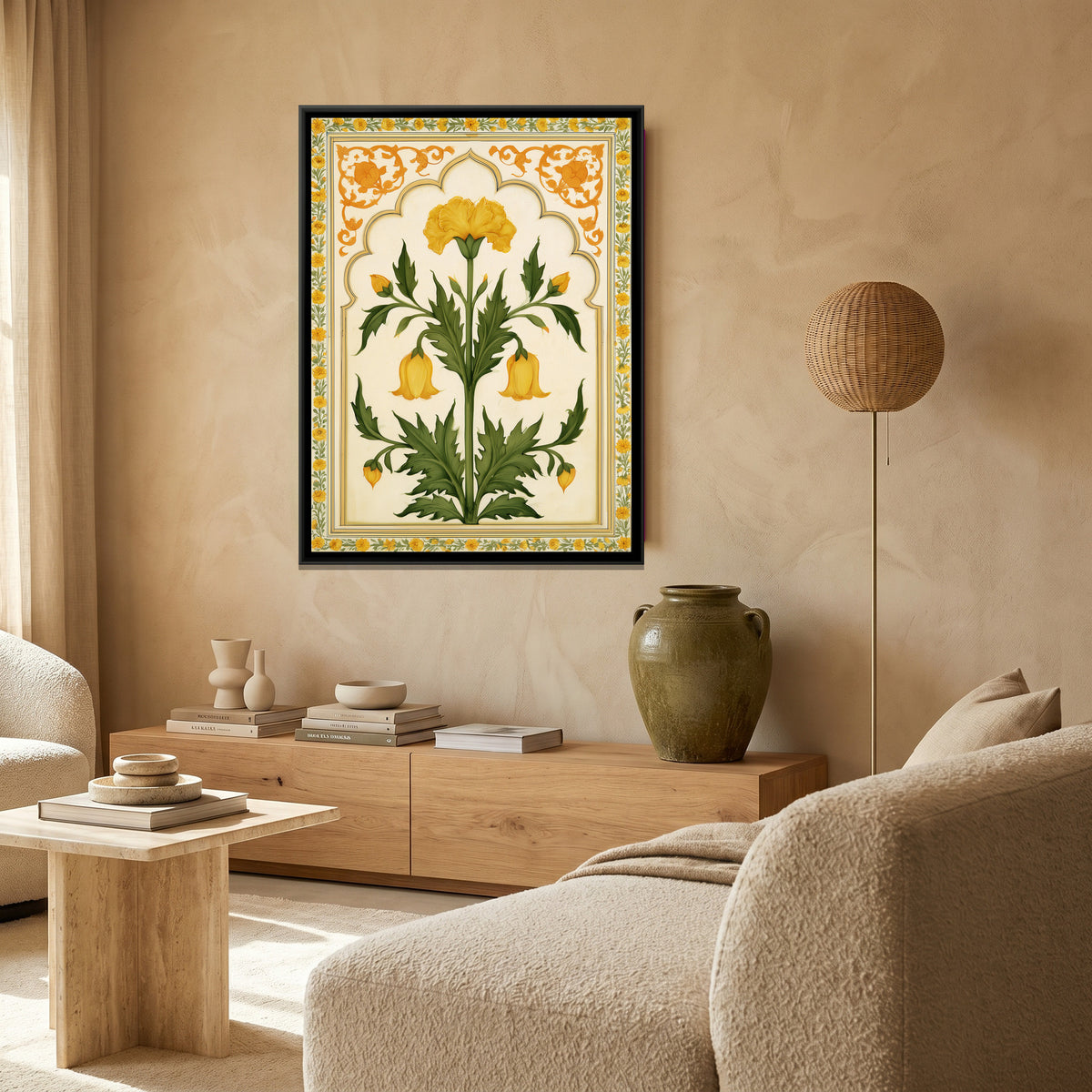 Mughal Yellow Flower — canvas art shown in a styled room