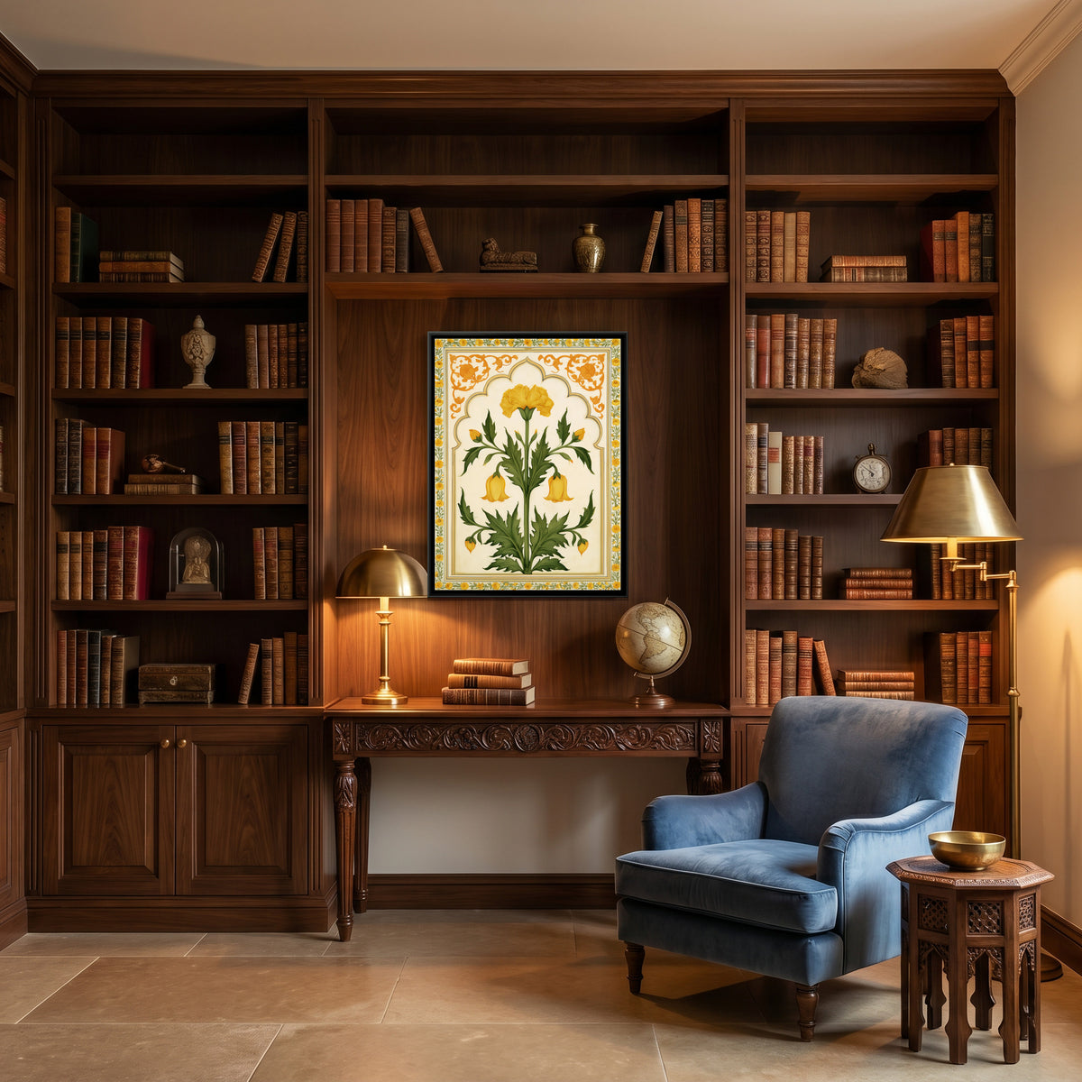 Mughal Yellow Flower — canvas art shown in a second room setting
