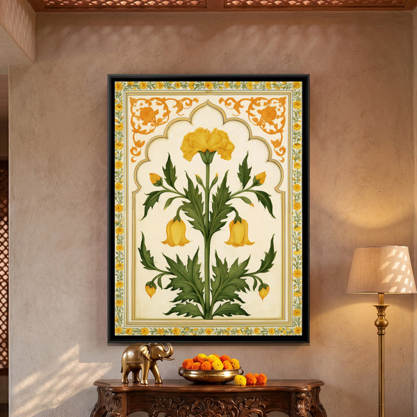 Mughal Yellow Flower — framed canvas art hung on a wall