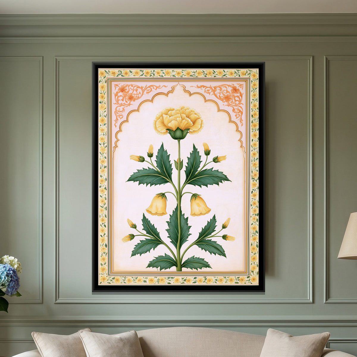 Mughal Yellow Flower — framed canvas art hung on a wall