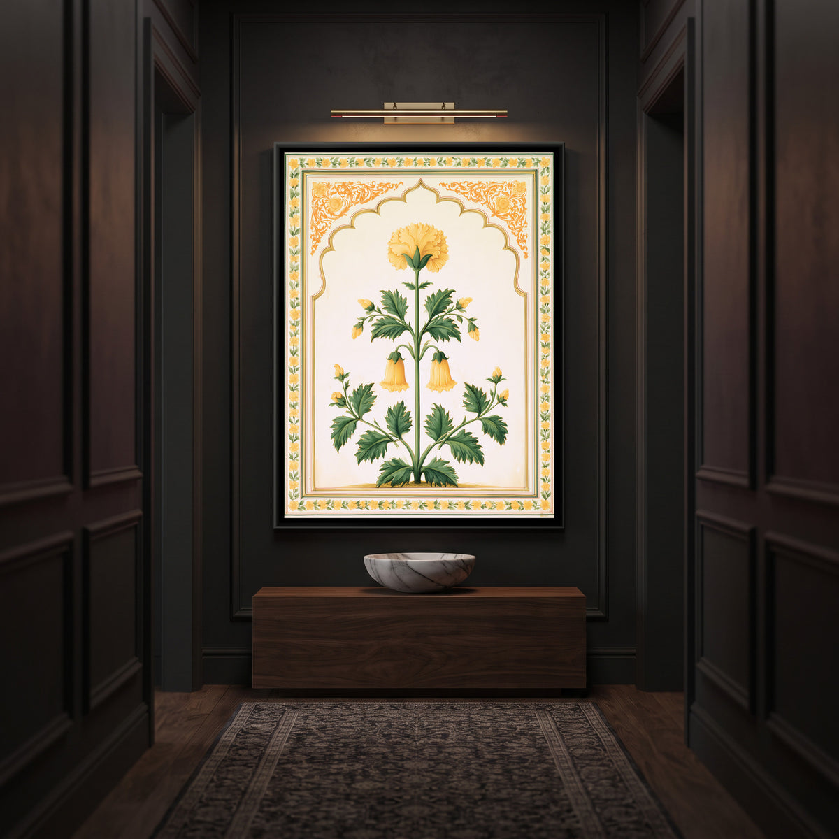 Mughal Yellow Flower — canvas art shown in a styled room