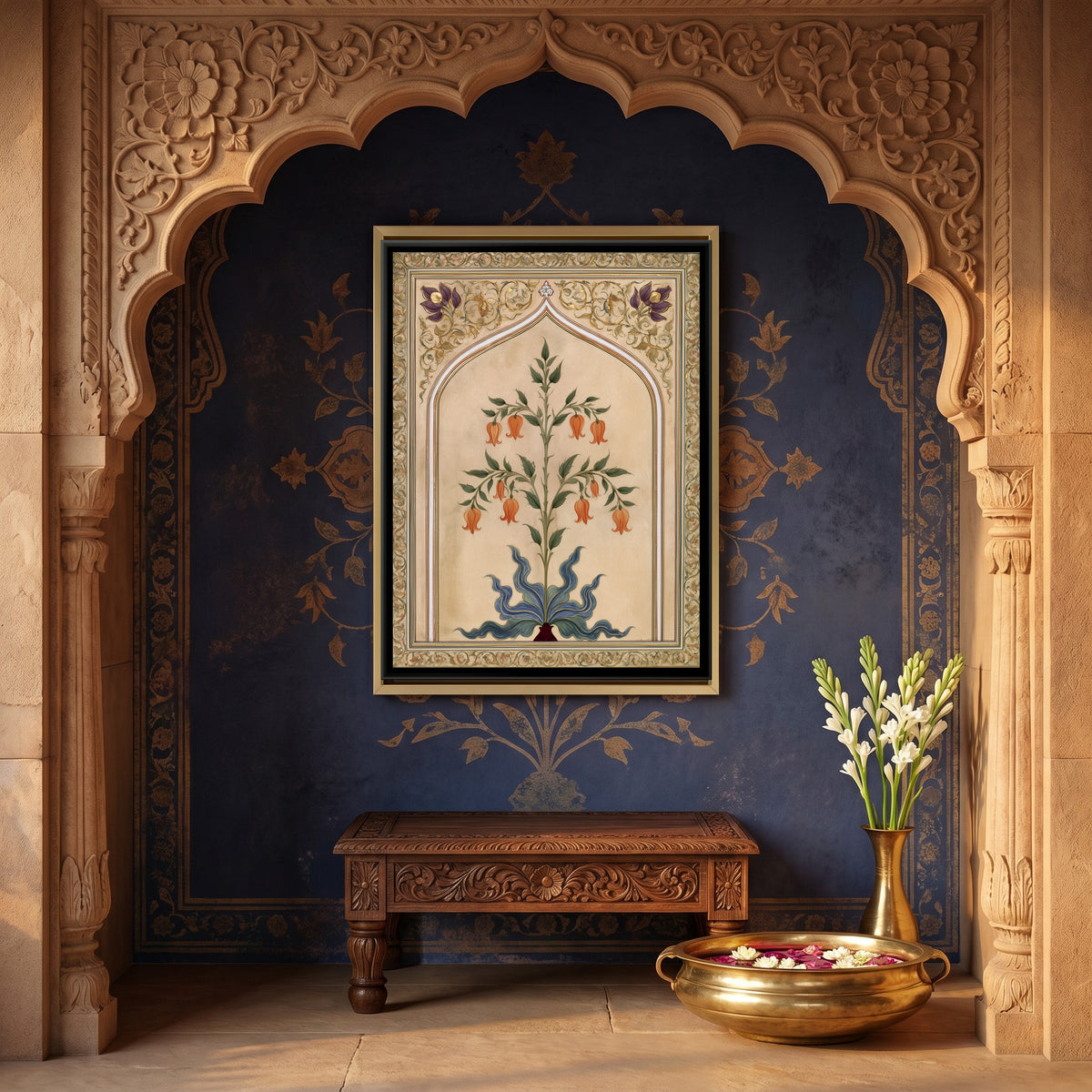Mughal Flowering Plant — canvas art shown in a styled room