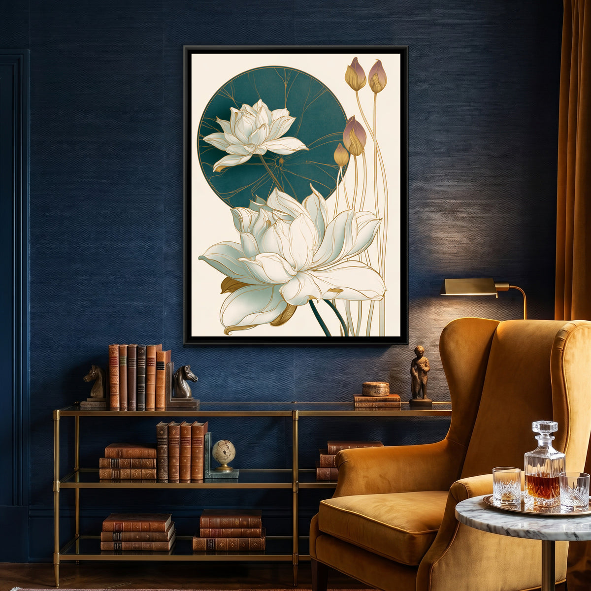 Art Nouveau Lotus — canvas art shown in a styled room