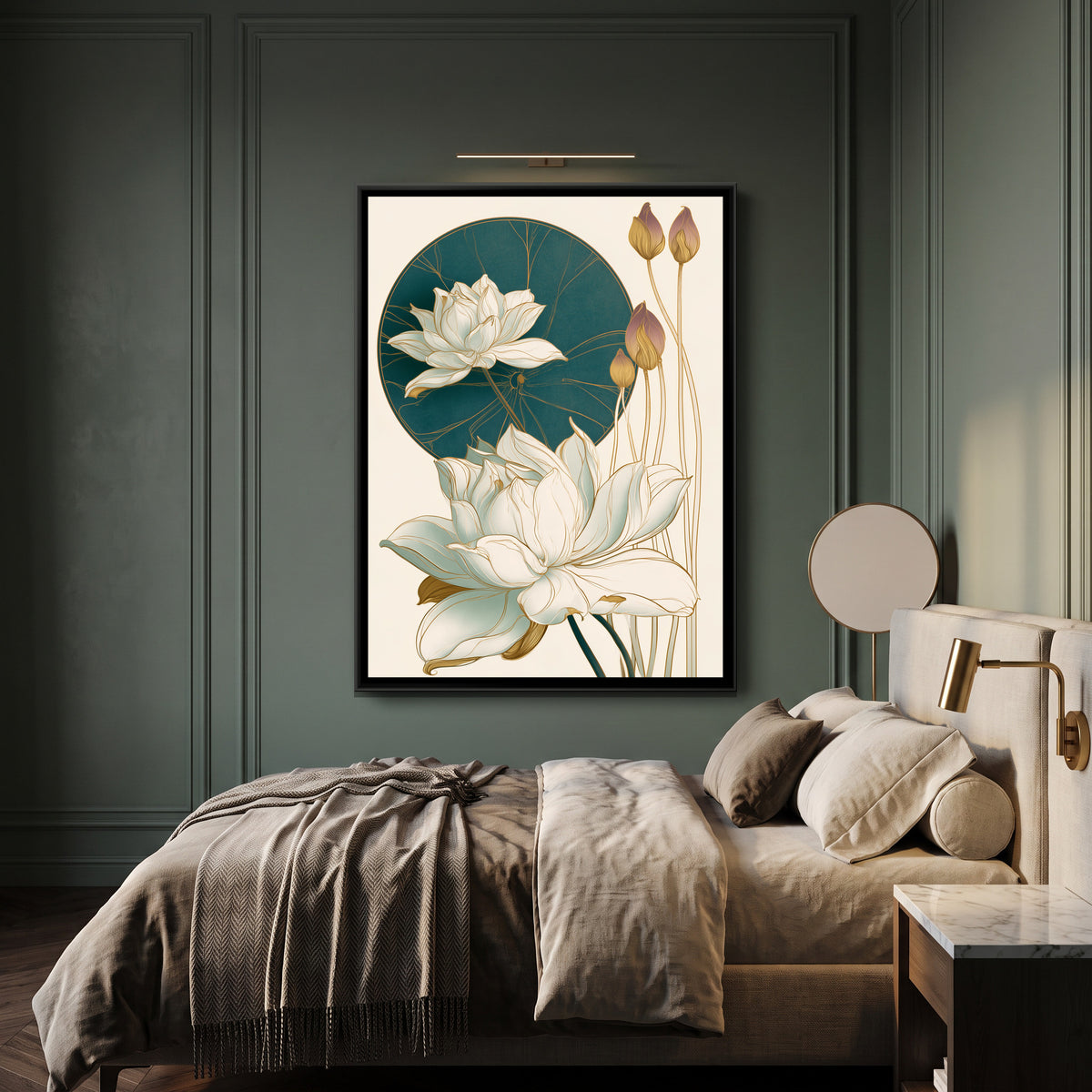 Art Nouveau Lotus — canvas art shown in a second room setting