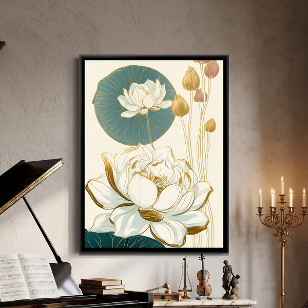 Art Nouveau Lotus — framed canvas art hung on a wall