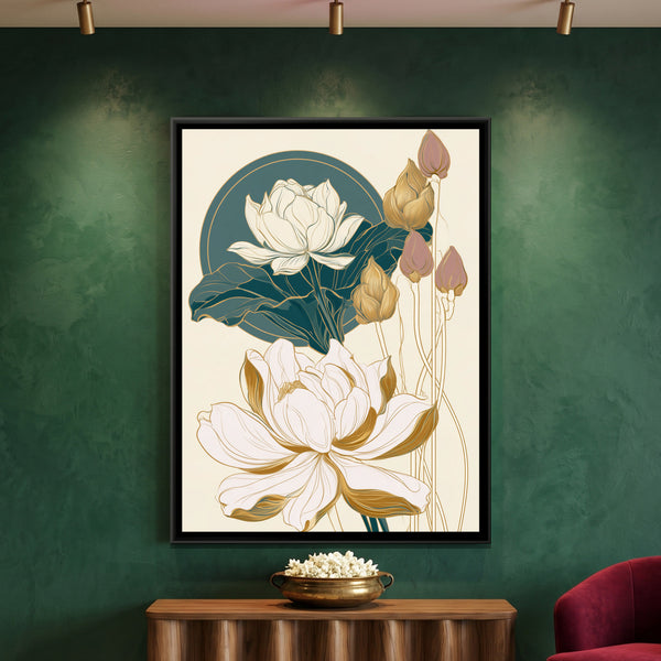 Art Nouveau Lotus — framed canvas art hung on a wall