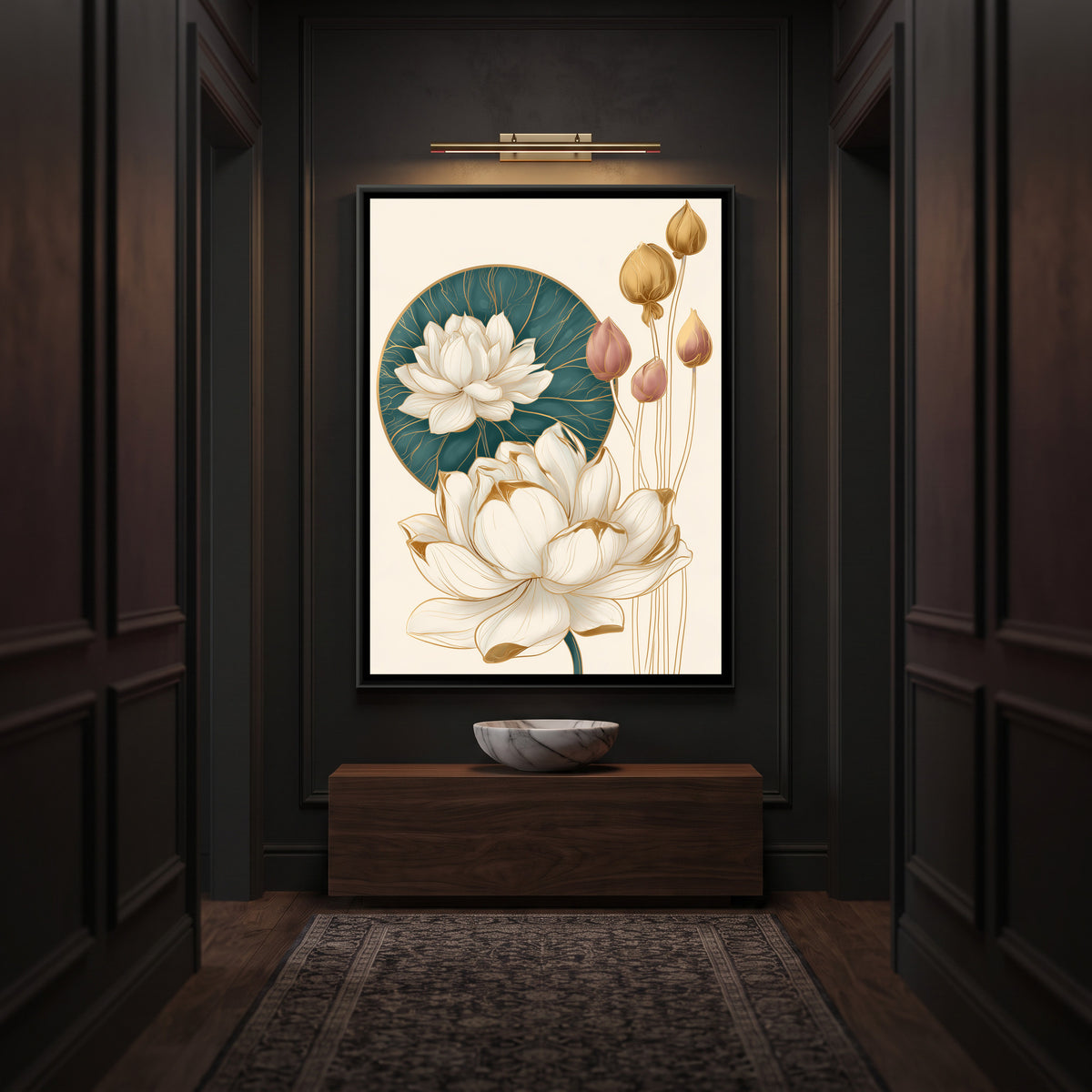 Art Nouveau Lotus — canvas art shown in a second room setting