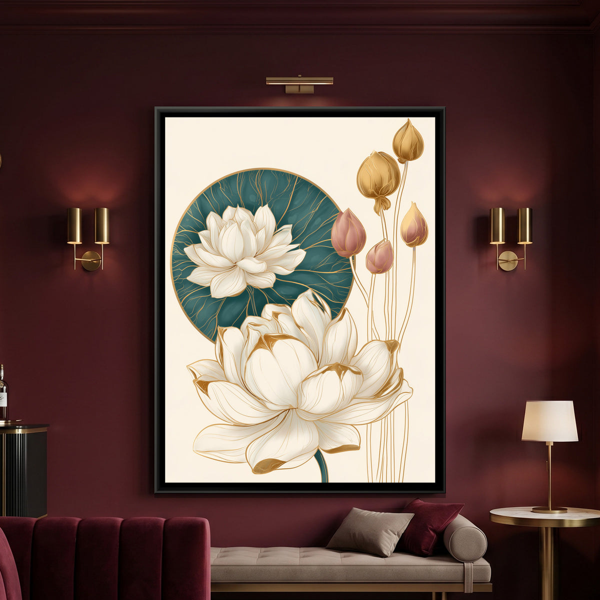Art Nouveau Lotus — framed canvas art hung on a wall