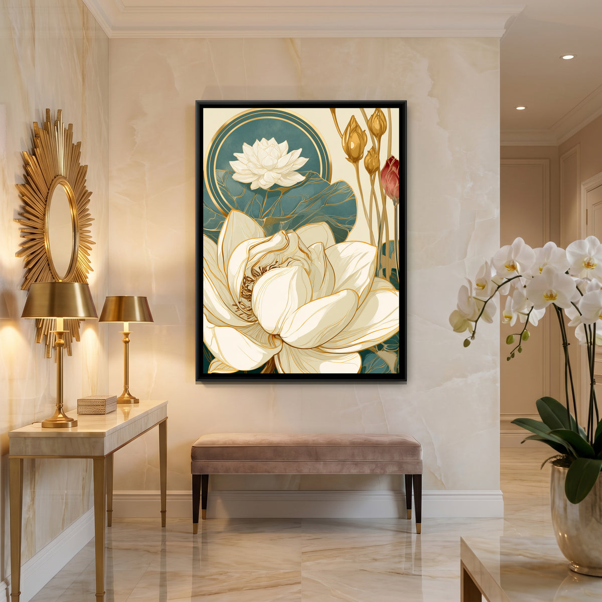Art Nouveau Lotus — canvas art shown in a second room setting