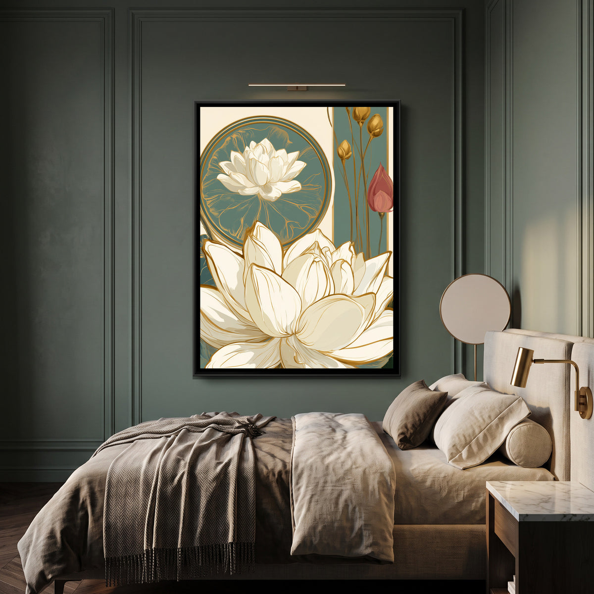 Art Nouveau Lotus — canvas art shown in a second room setting