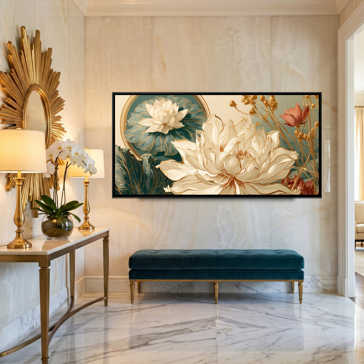 Art Nouveau Lotus — canvas art shown in a styled room