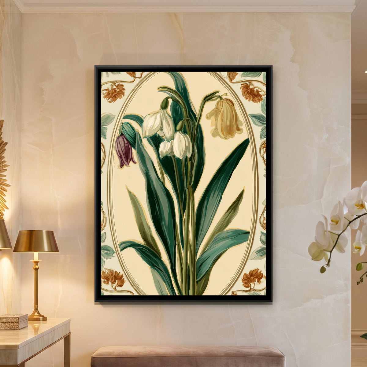 Art Nouveau Snowdrops — framed canvas art hung on a wall