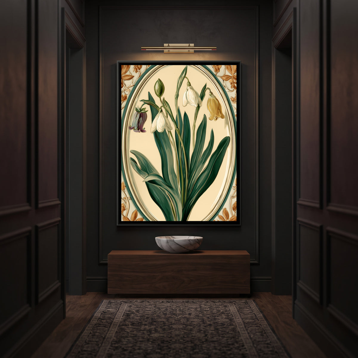 Art Nouveau Snowdrops — canvas art shown in a second room setting