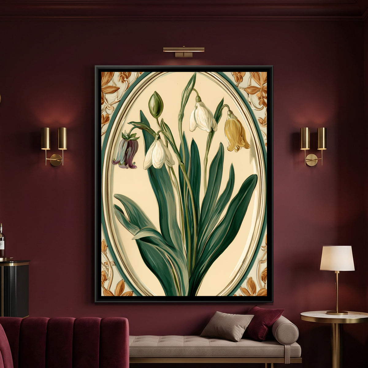 Art Nouveau Snowdrops — framed canvas art hung on a wall
