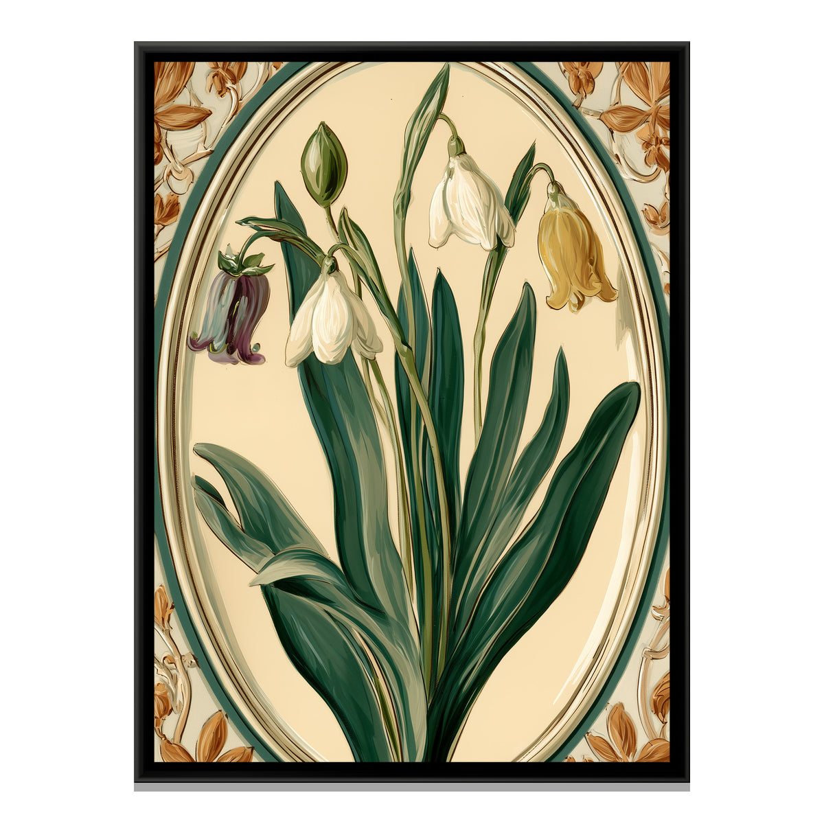 Art Nouveau Snowdrops — framed canvas print, front view