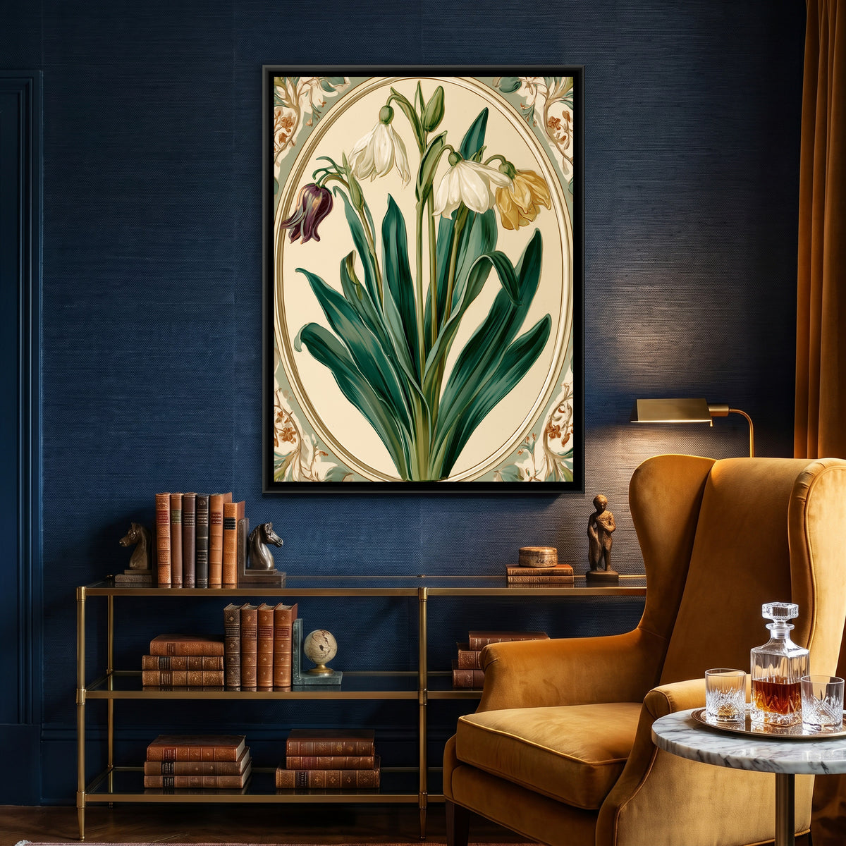 Art Nouveau Snowdrops — canvas art shown in a styled room