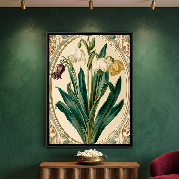 Art Nouveau Snowdrops — framed canvas art hung on a wall