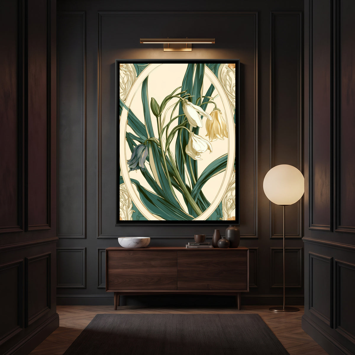 Art Nouveau Snowdrops — canvas art shown in a second room setting