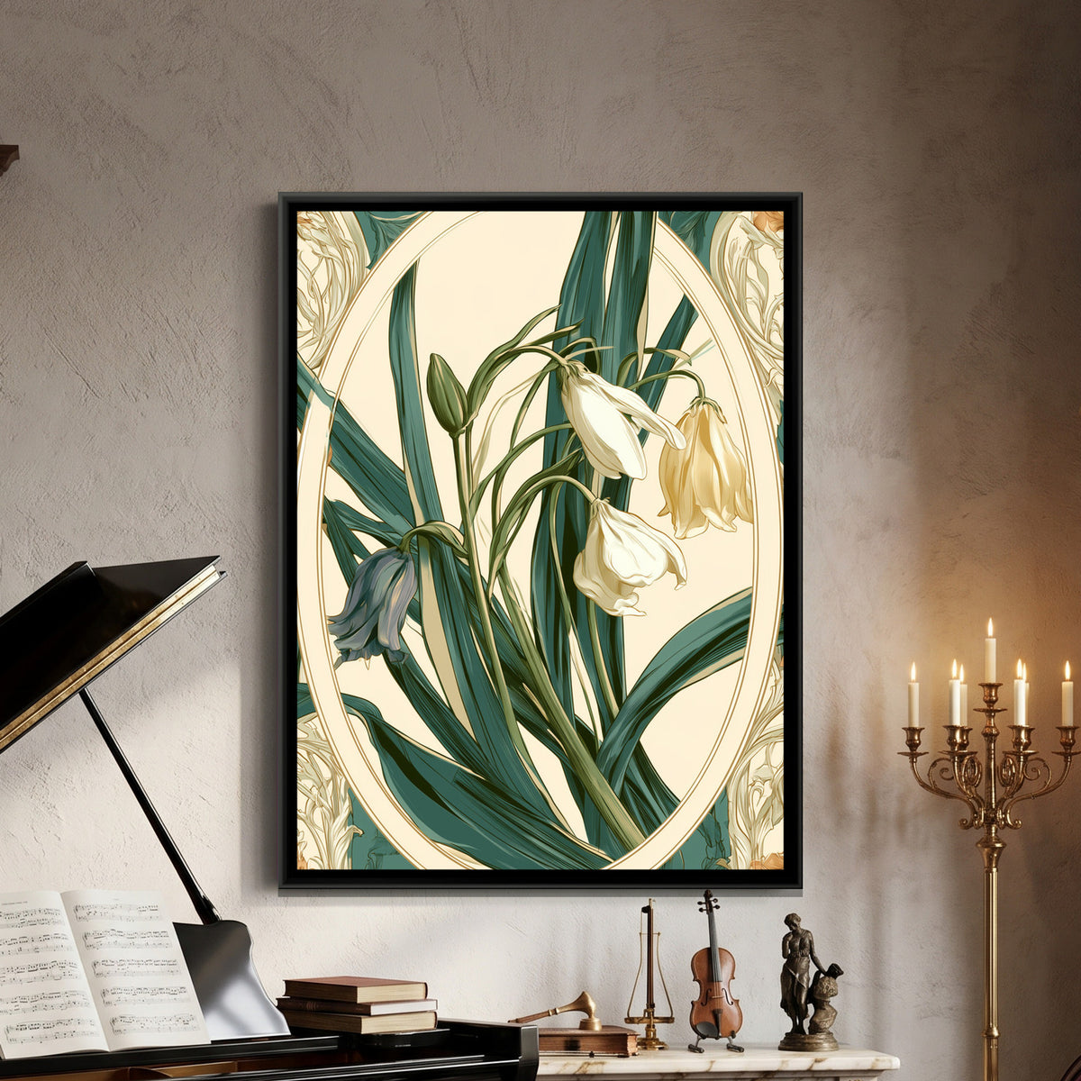 Art Nouveau Snowdrops — framed canvas art hung on a wall