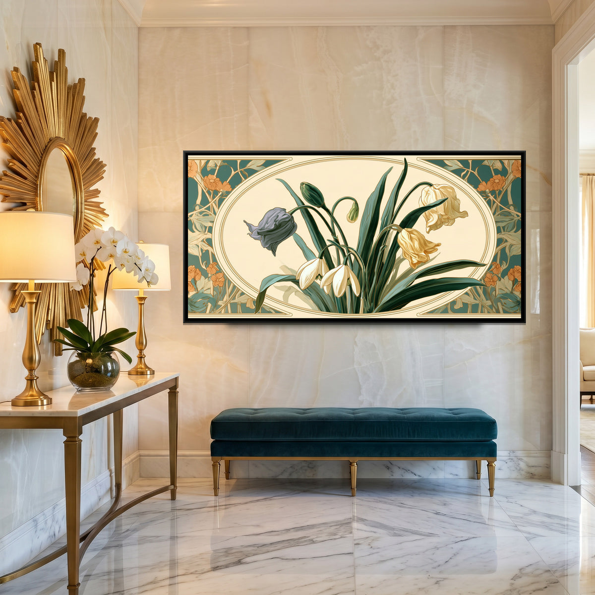 Art Nouveau Snowdrops — canvas art shown in a styled room