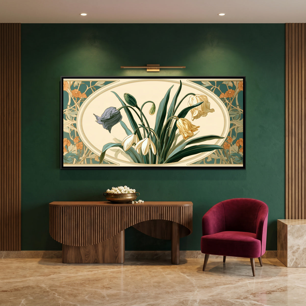 Art Nouveau Snowdrops — canvas art shown in a second room setting