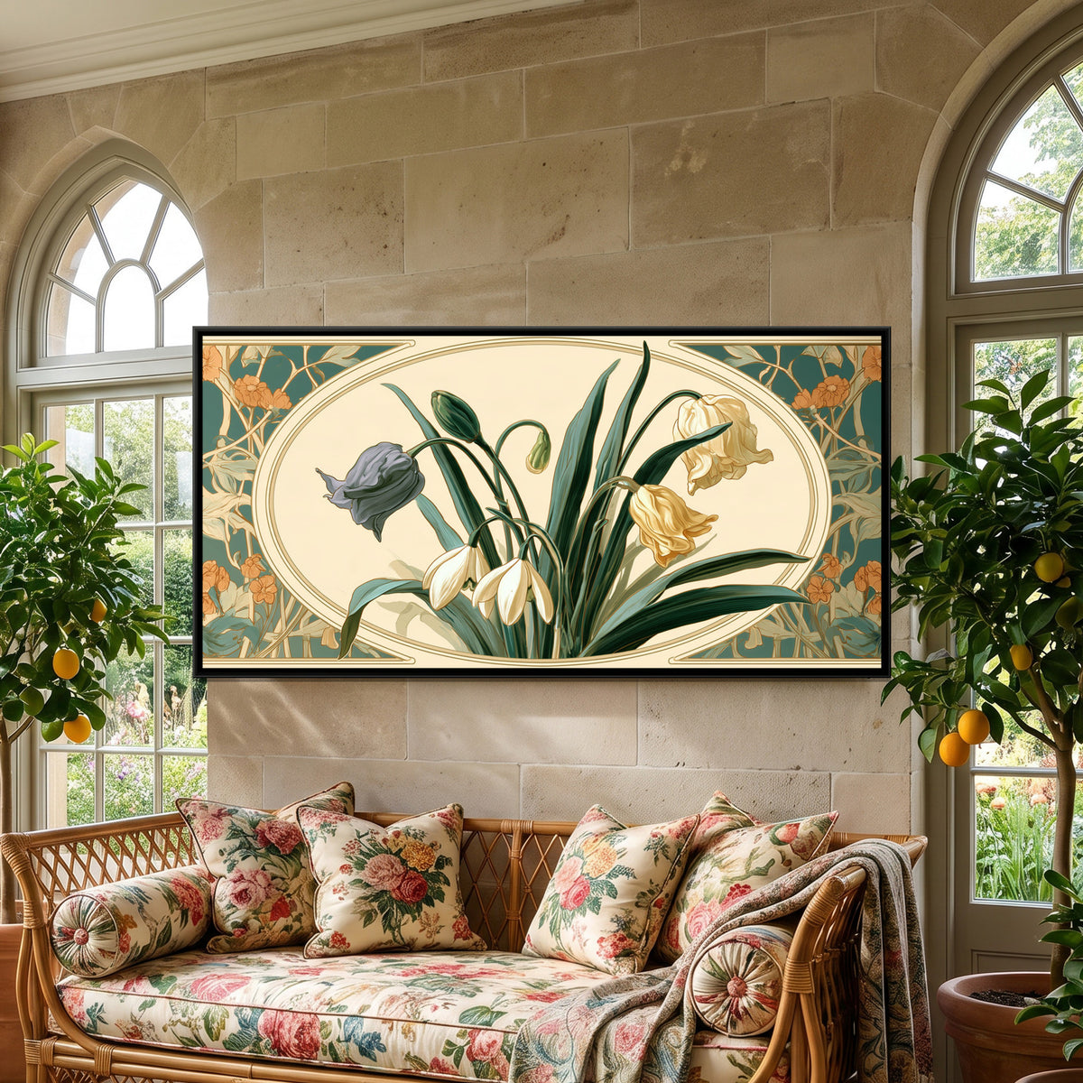 Art Nouveau Snowdrops — framed canvas art hung on a wall