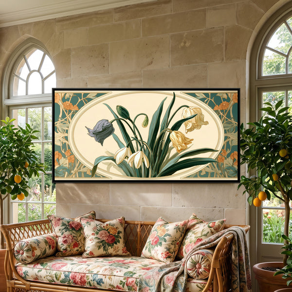 Art Nouveau Snowdrops — framed canvas art hung on a wall