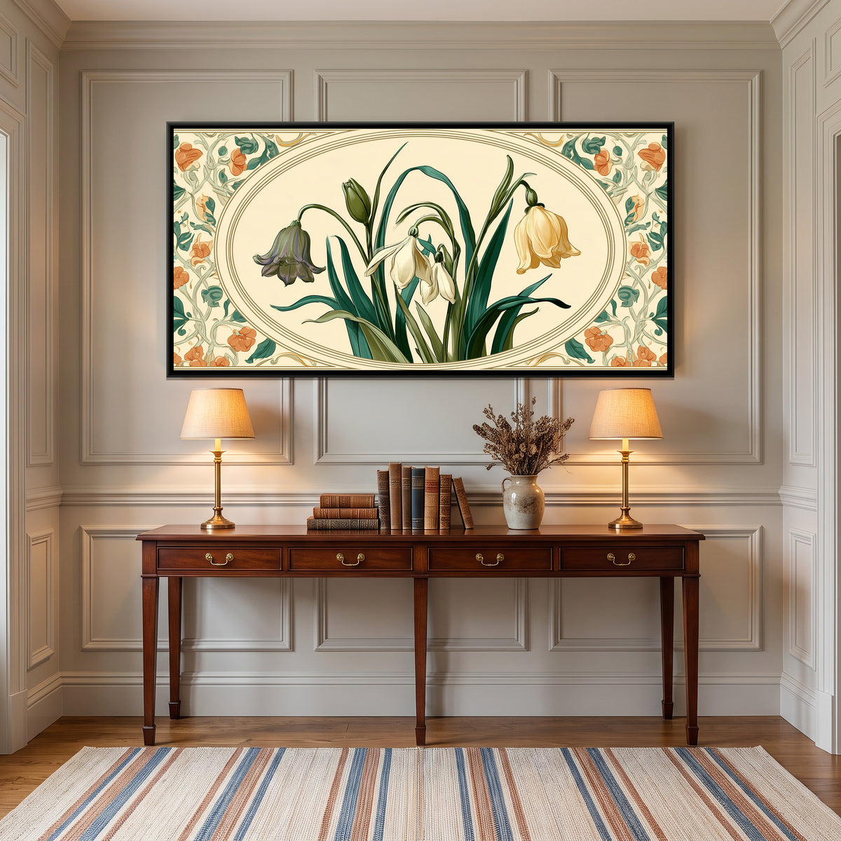 Art Nouveau Snowdrops — canvas art shown in a styled room