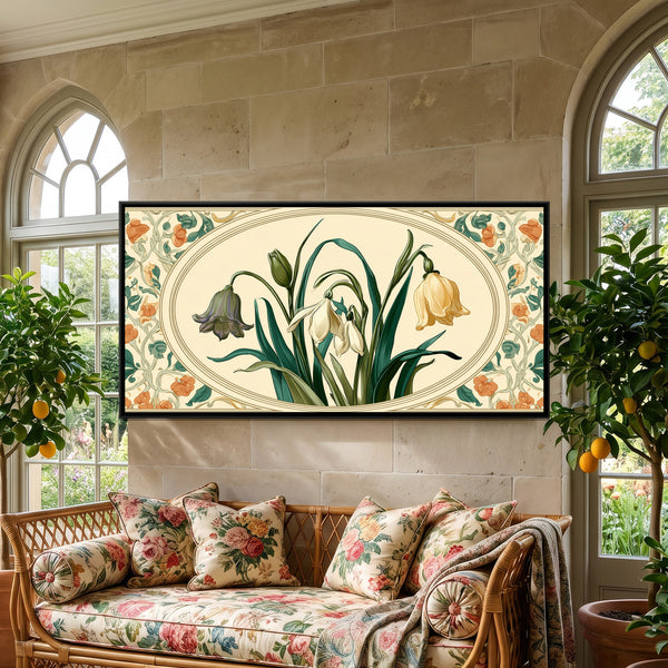 Art Nouveau Snowdrops — framed canvas art hung on a wall