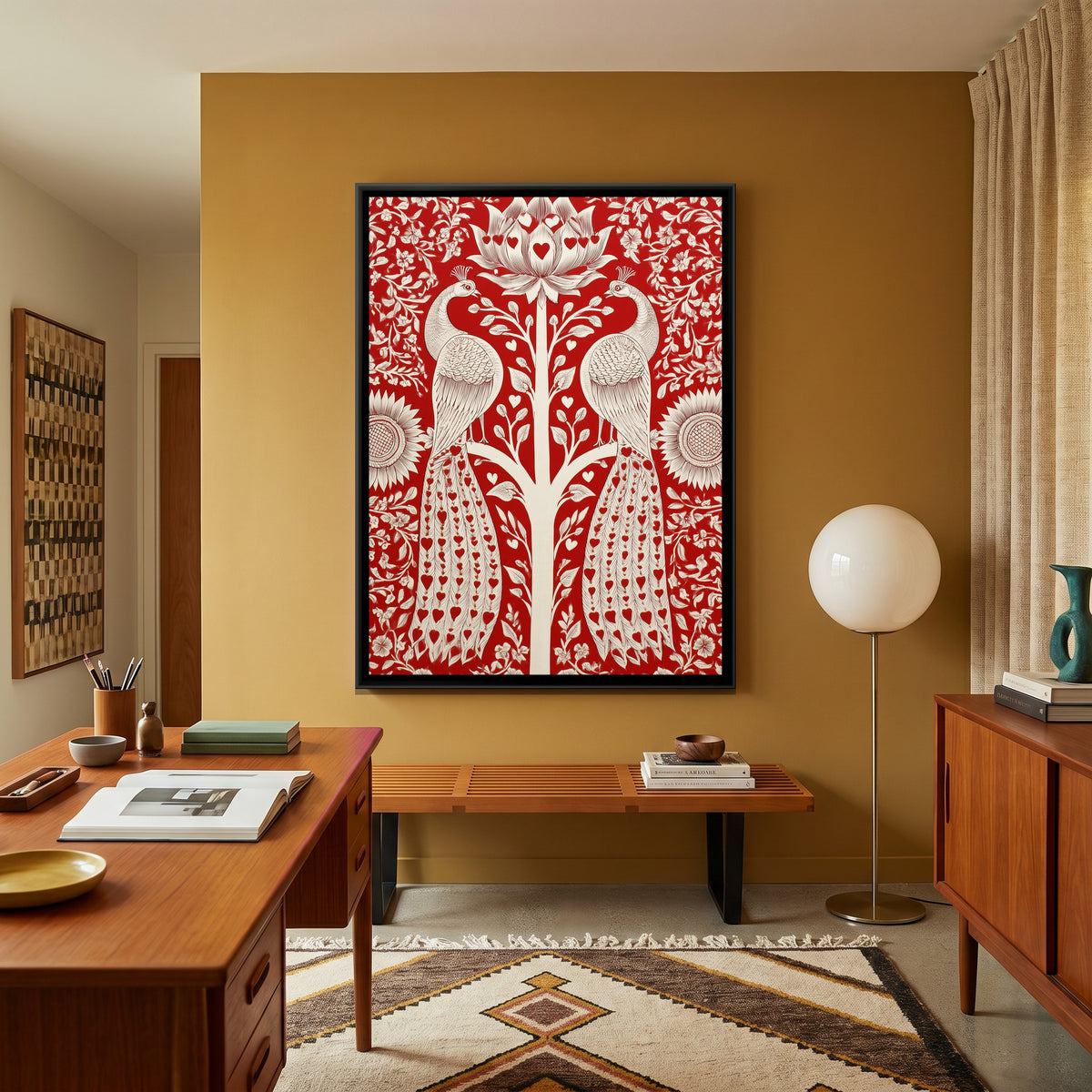 Pichwai Peacocks — canvas art shown in a styled room
