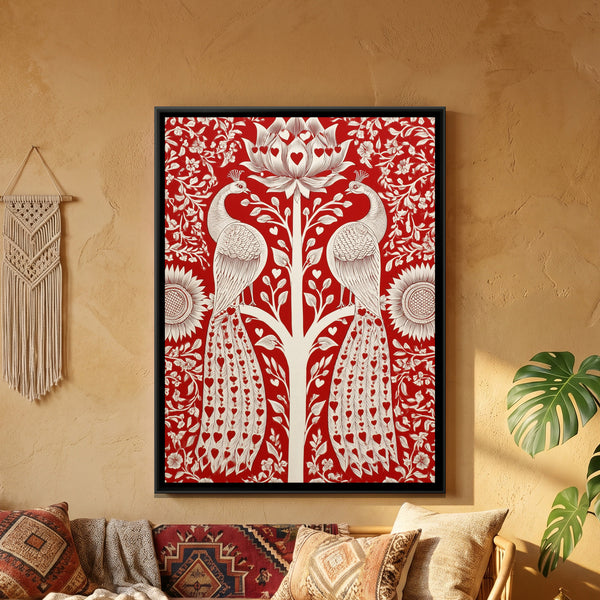 Pichwai Peacocks — framed canvas art hung on a wall