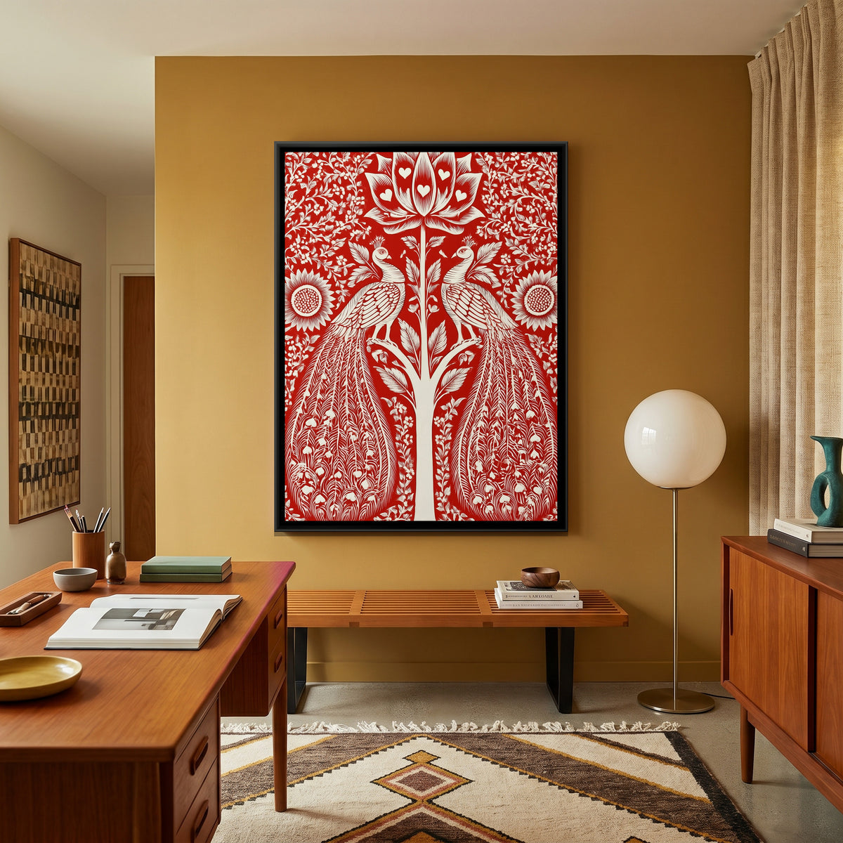 Pichwai Peacocks — canvas art shown in a styled room
