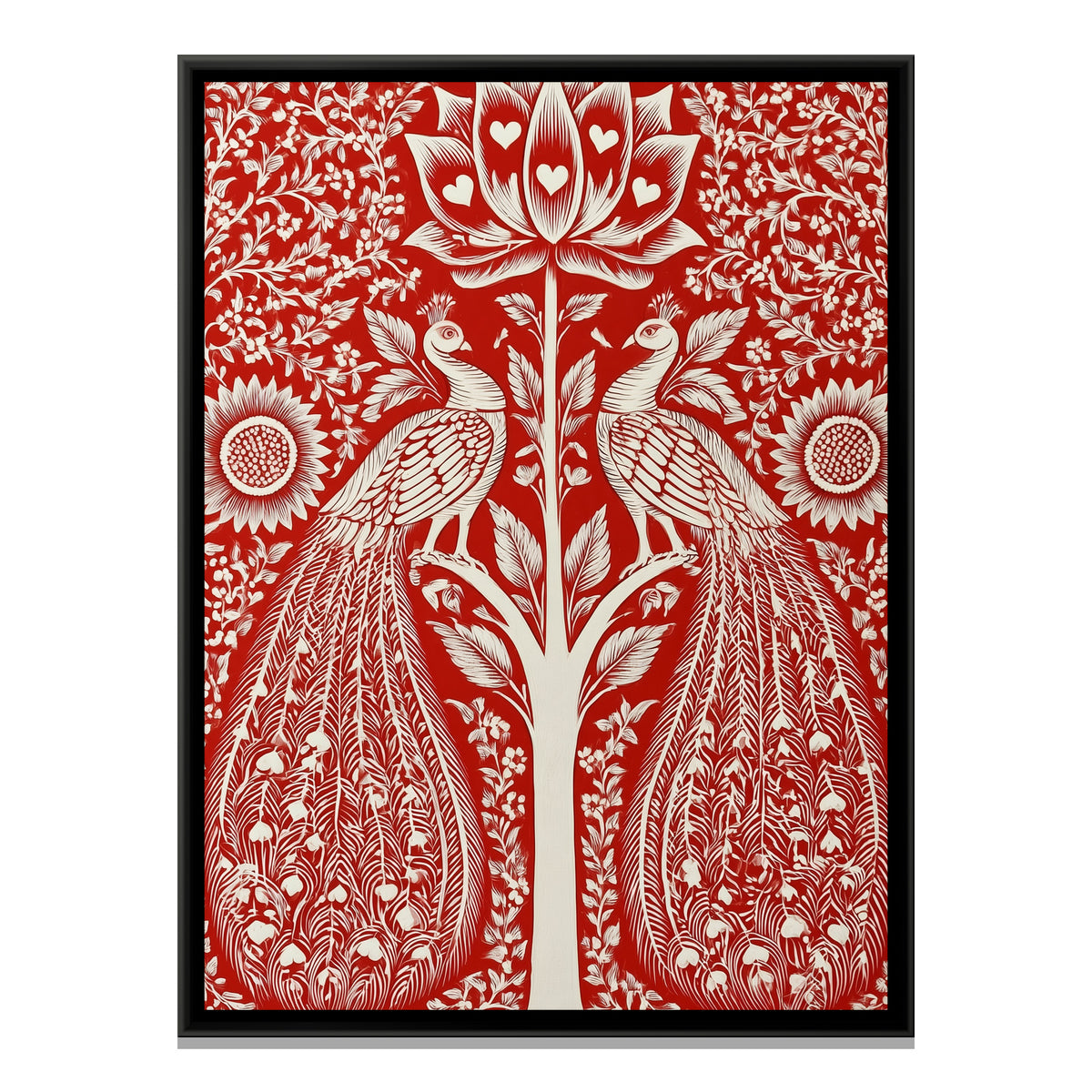 Pichwai Peacocks — framed canvas print, front view