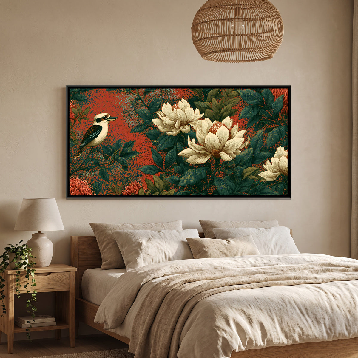 Kookaburra — canvas art shown in a styled room