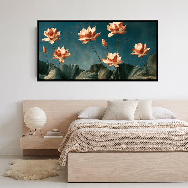 Chinoiserie Lotus — framed canvas art hung on a wall
