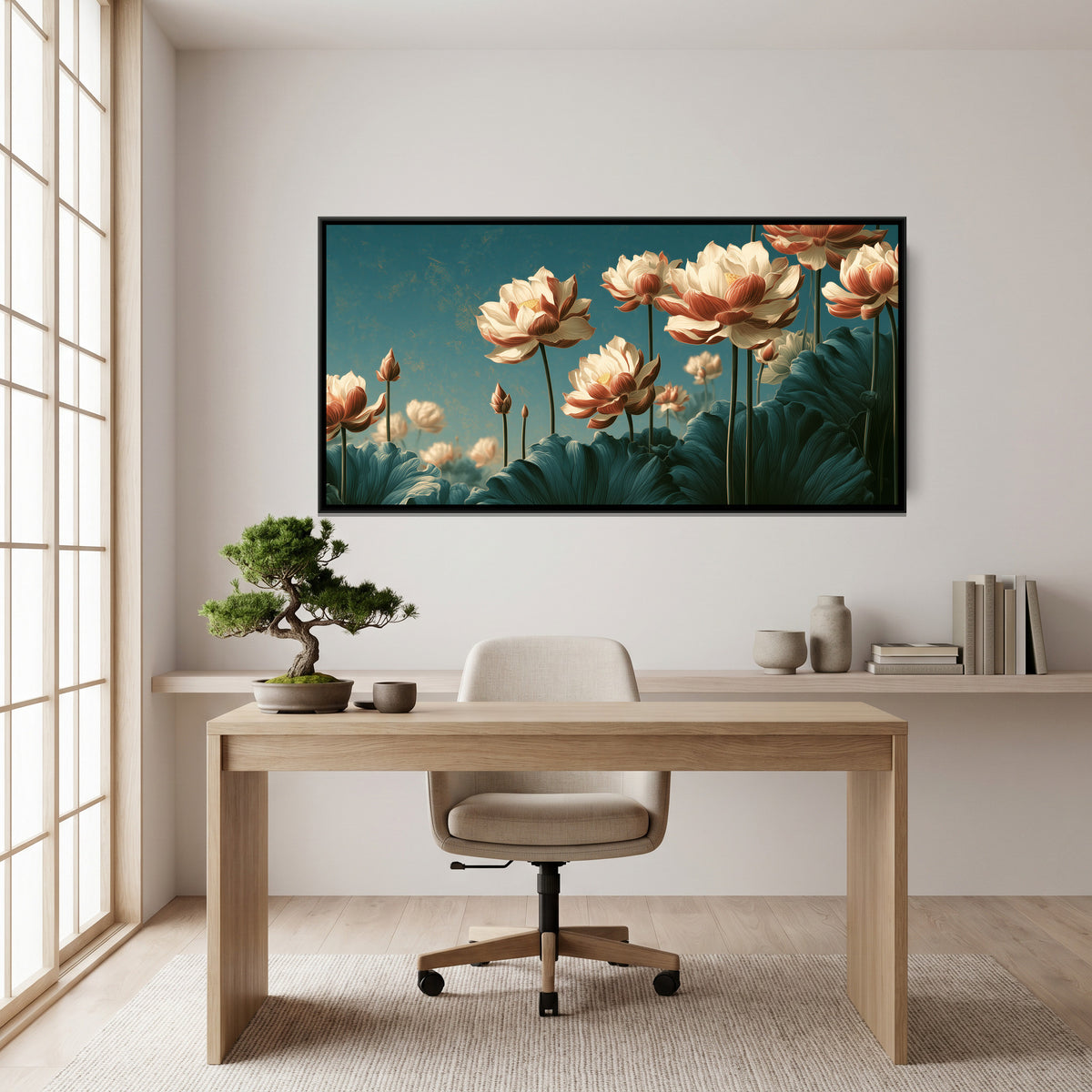 Chinoiserie Lotus — canvas art shown in a styled room