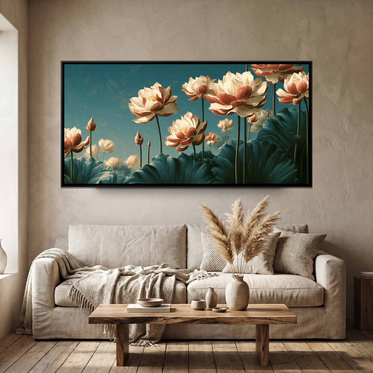 Chinoiserie Lotus — canvas art shown in a second room setting