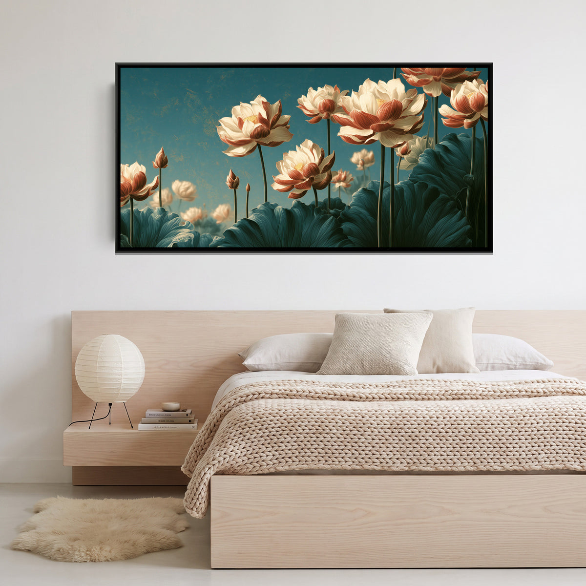 Chinoiserie Lotus — framed canvas art hung on a wall