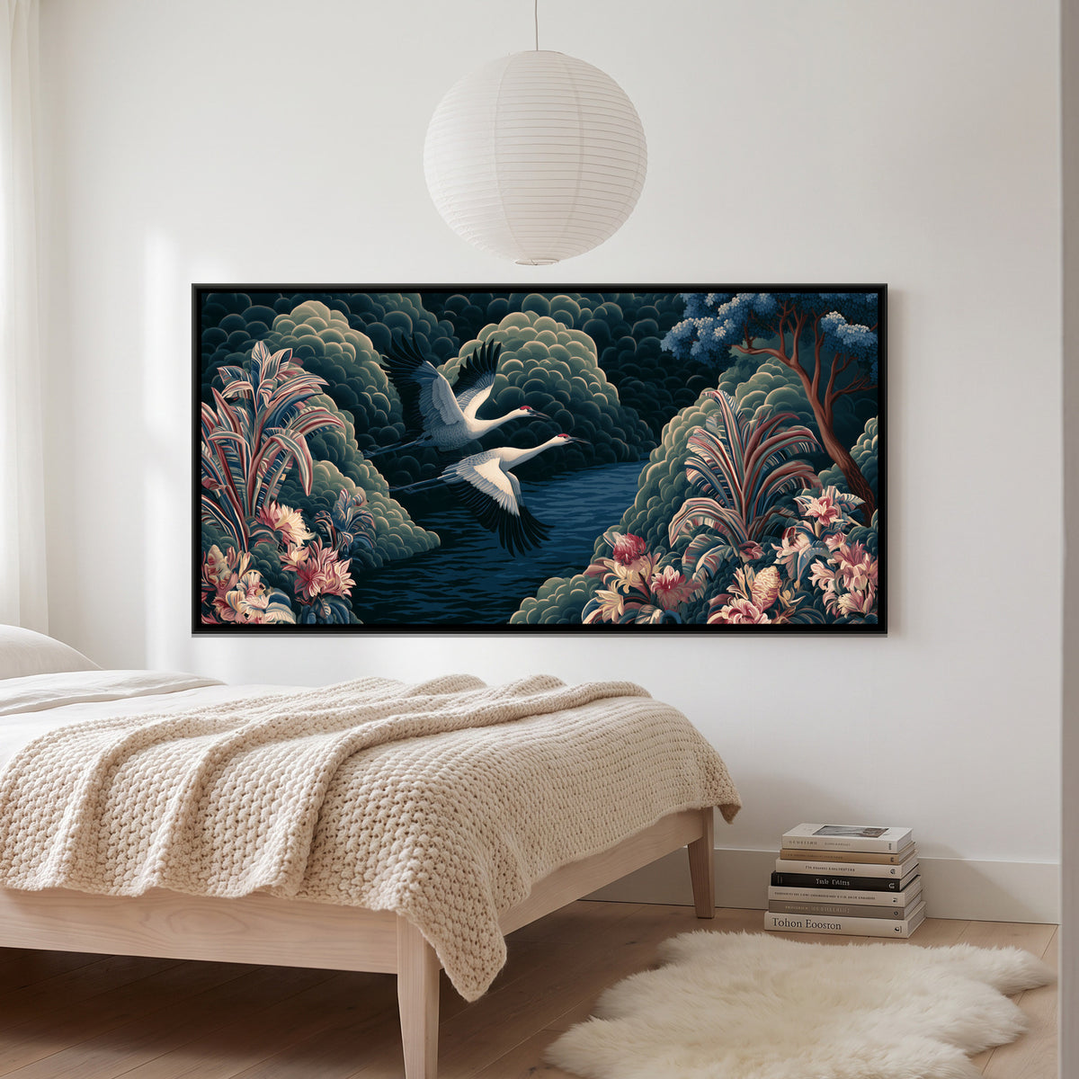 Chinoiserie Cranes — framed canvas art hung on a wall