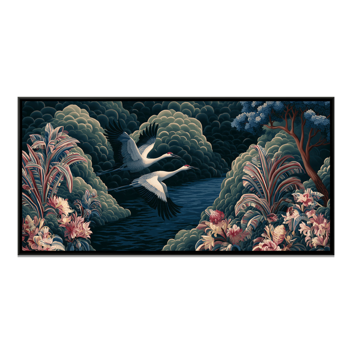 Chinoiserie Cranes — framed canvas print, front view