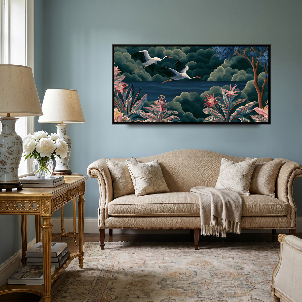 Chinoiserie Cranes — canvas art shown in a styled room