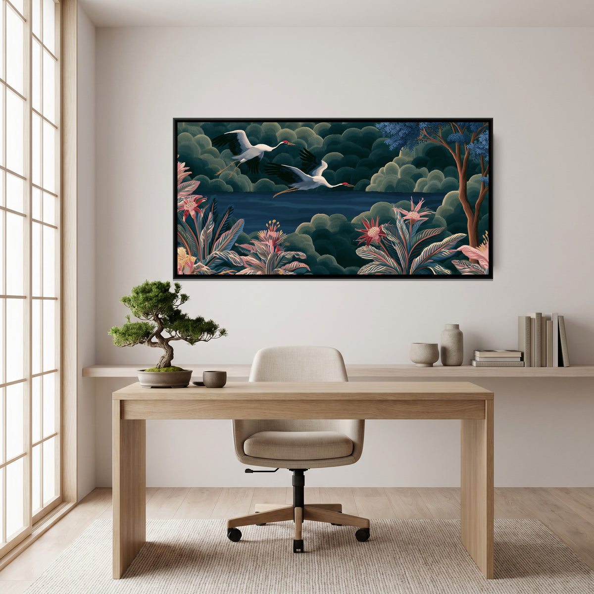 Chinoiserie Cranes — canvas art shown in a second room setting