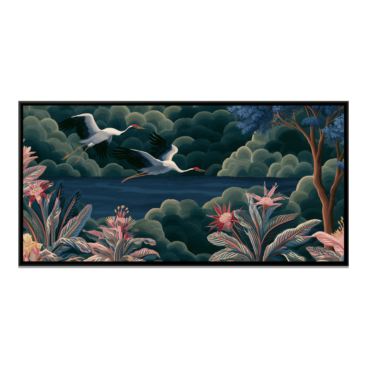 Chinoiserie Cranes — framed canvas print, front view
